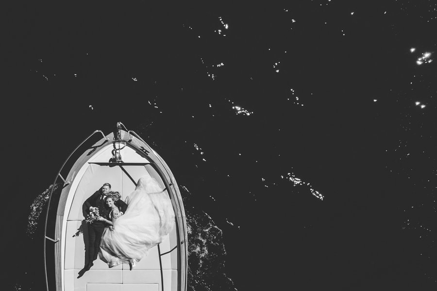 Drone Photo On Wooden Boat On Lake Como During Wedding Photo Shooting